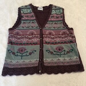Vtg Koret Petites Womens Sz SP Sweater Vest Purple Green Floral Academia Cottage